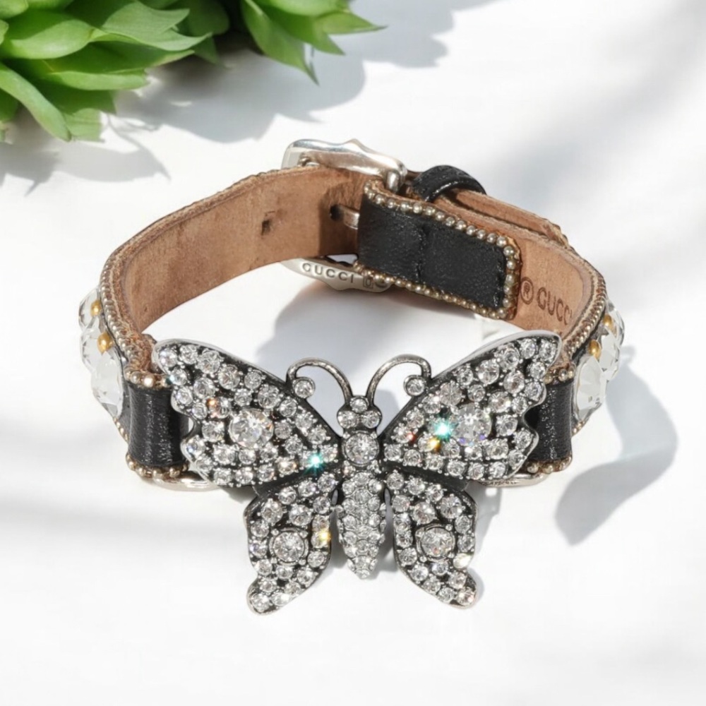 Gucci Leather & Crystal Butterfly Bracelet with Buckle Closure